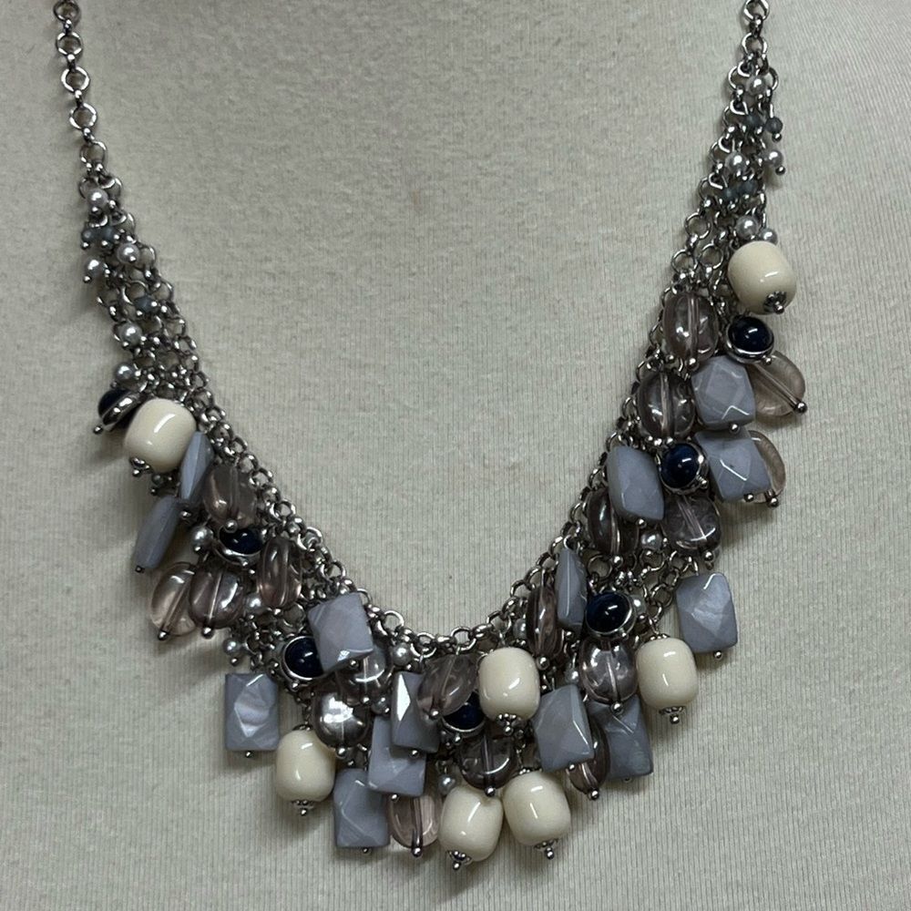 Talbots SilverGray, Navy Blue and Cream Statement Necklace #JW7 - Picture 6 of 8